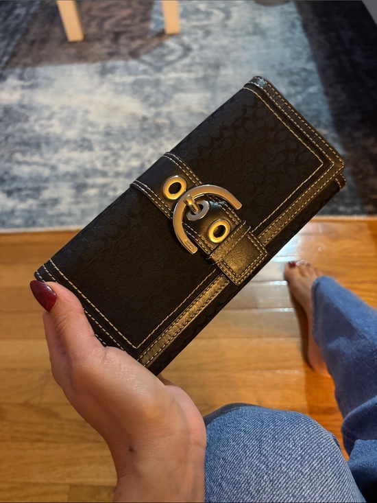 Coach Handbags - Coach Black Signature Continental Wallet with Gold Hardware